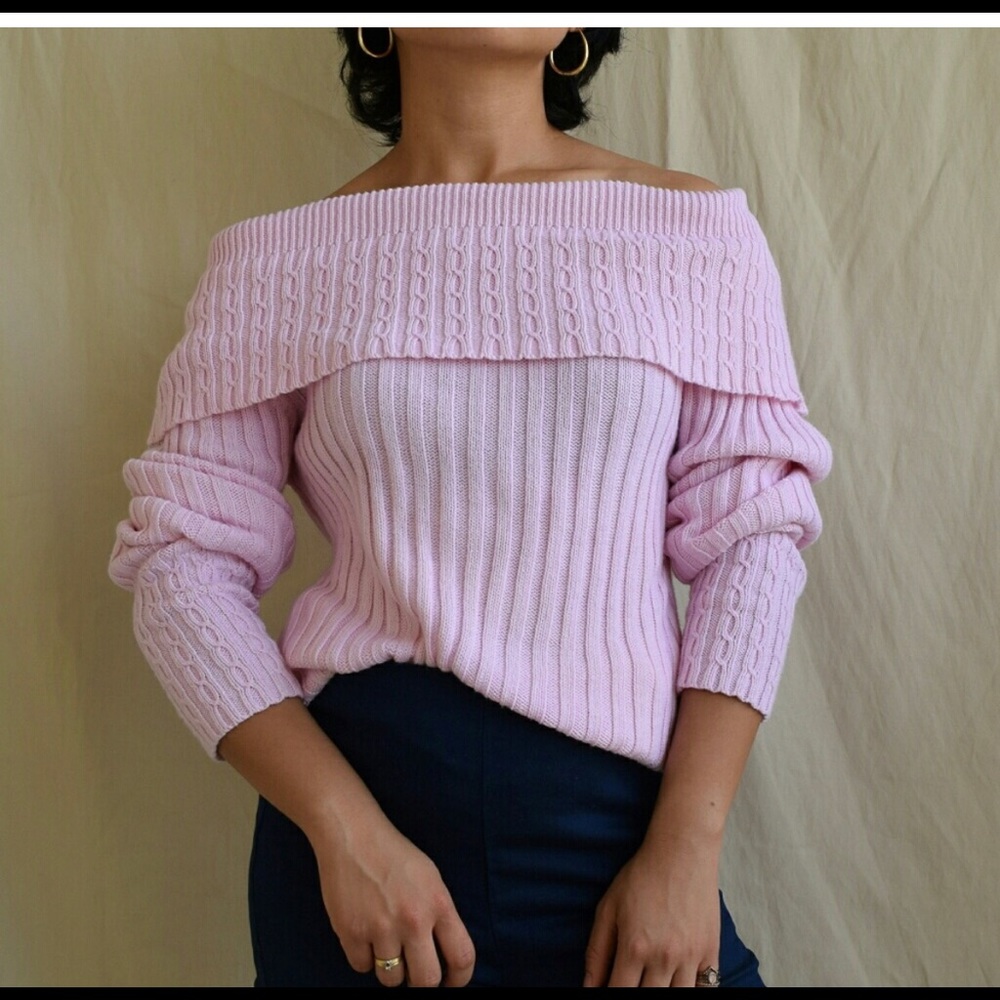 90s off-shoulder cotton cable knit sweater S